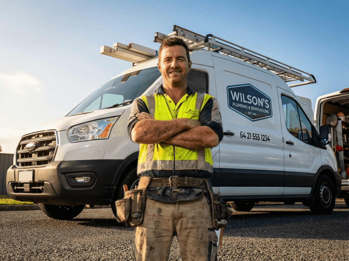 Tradesperson standing proudly in front of branded work van